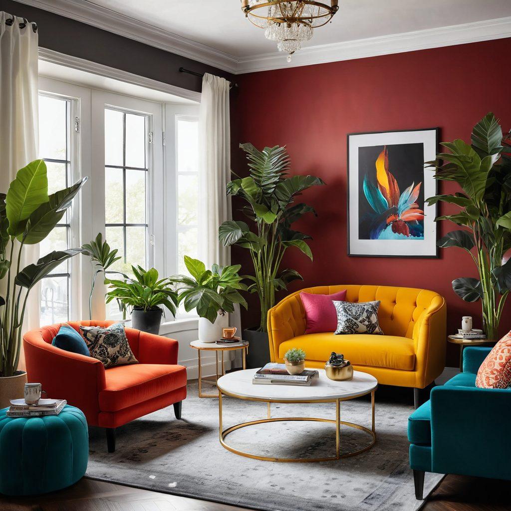 A beautifully designed living room showcasing stylish interior decoration, with elegant furnishings and vibrant color accents. Include a cozy reading nook with a plush armchair, an artistic coffee table, and lush indoor plants. Incorporate warm lighting to create an inviting atmosphere. The setting should reflect a blend of modern and classic design elements. super-realistic. vibrant colors.