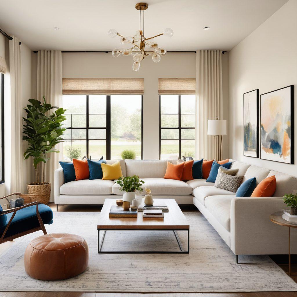 A beautifully designed modern living room featuring custom furniture, stylish decor elements like wall art and plants, and a warm inviting atmosphere. The layout should emphasize comfort with an open space, natural light streaming through large windows, and a harmonious color palette of neutrals with pops of vibrant accents. Add subtle textures in fabrics and materials to enhance the aesthetic appeal. super-realistic. vibrant colors.