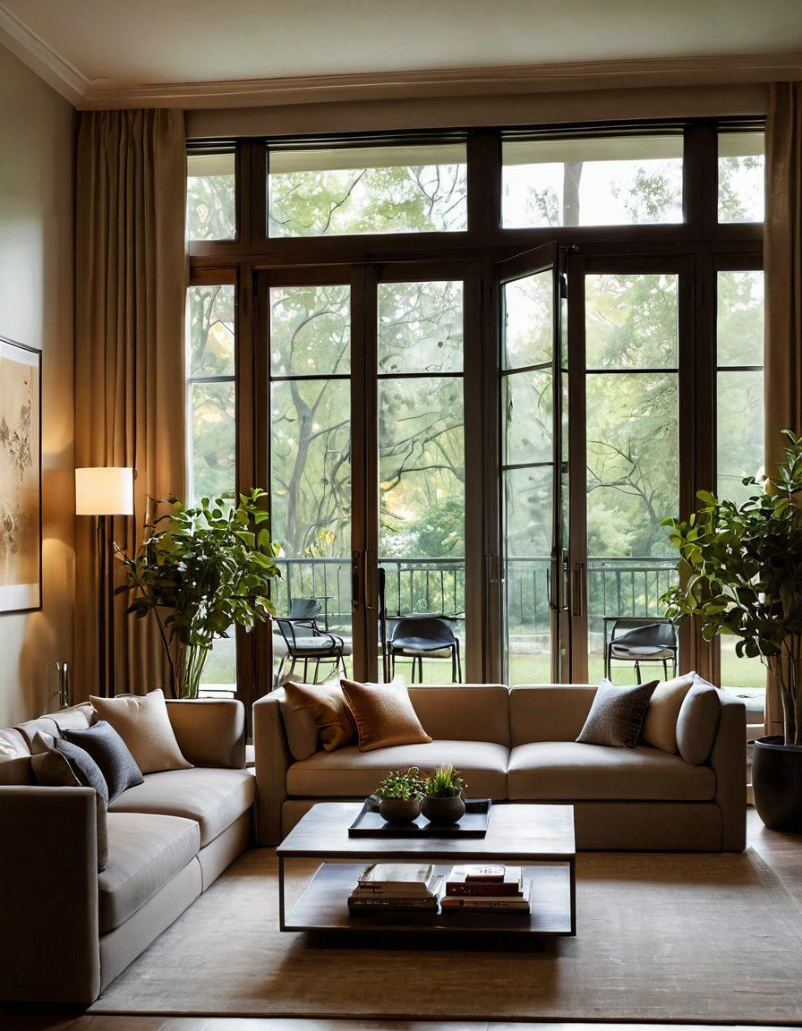 An elegantly designed living room showcasing a mix of modern and classic furniture, ambient lighting illuminating stylish decor elements. A large window revealing a lush garden outside, with minimalist decorative accents like vases and framed art on the walls. Textures of wood, fabric, and metal come together in harmony. super-realistic. warm colors. cozy atmosphere.